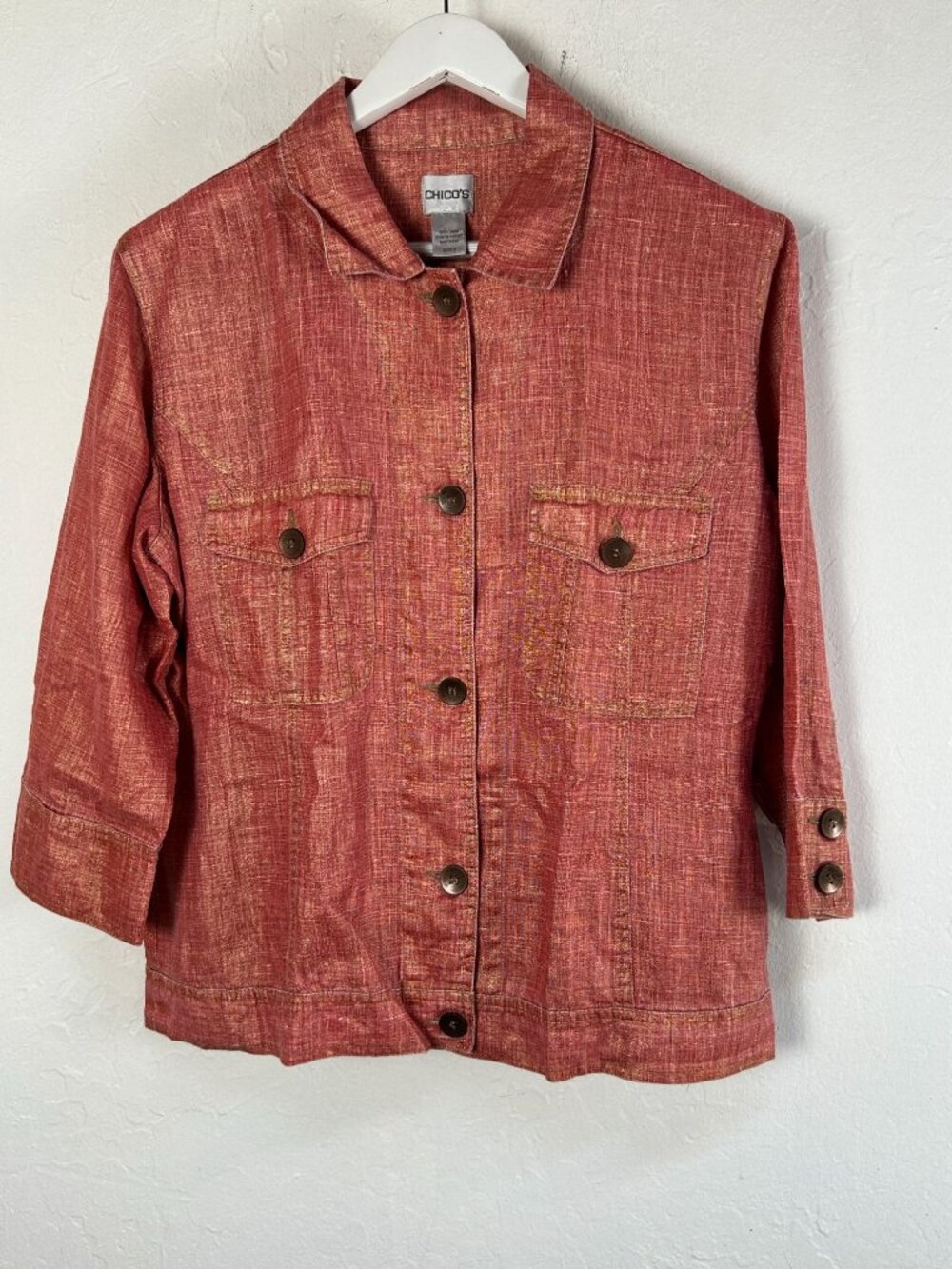 Chico's Women Coral Metallic Linen Button-Front Blazer Jacket Size 2 Lightweight
